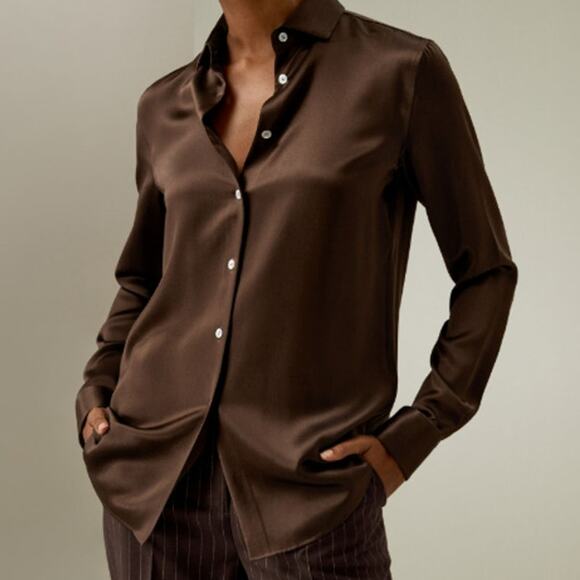 LILYSILK Tops - Lilysilk Spread Collar Silk Shirt Chocolate Size M